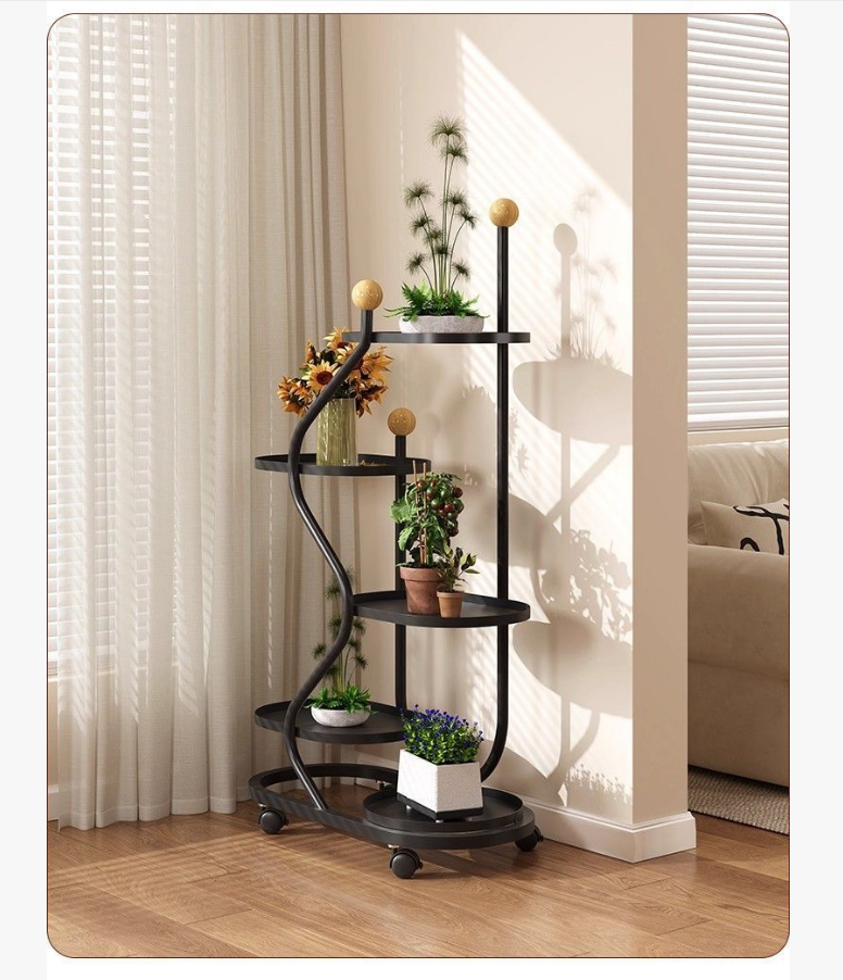 Mobile Flower Stand with Wheels, Multi-Layer Metal Plant Shelf for Living Room and Balcony, Floor Standing Planter Rack