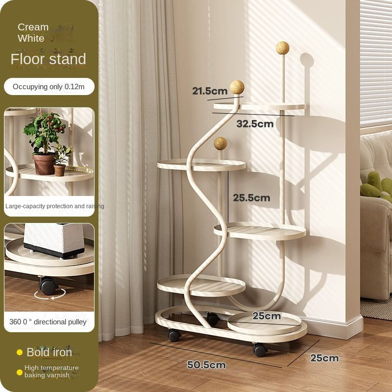 Mobile Flower Stand with Wheels, Multi-Layer Metal Plant Shelf for Living Room and Balcony, Floor Standing Planter Rack